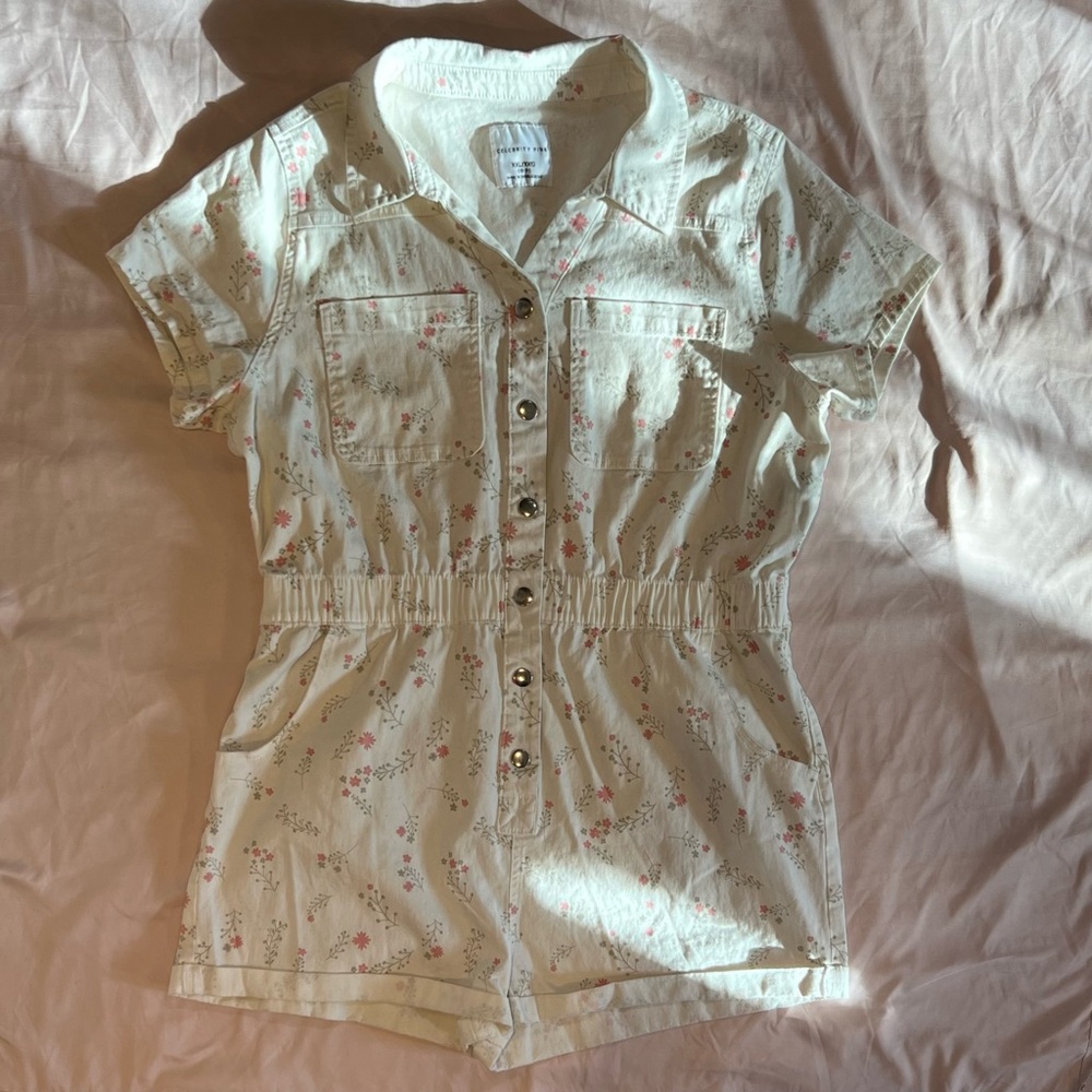 Coquette Cream Floral Denim Romper Button Front Cottagecore XXL
